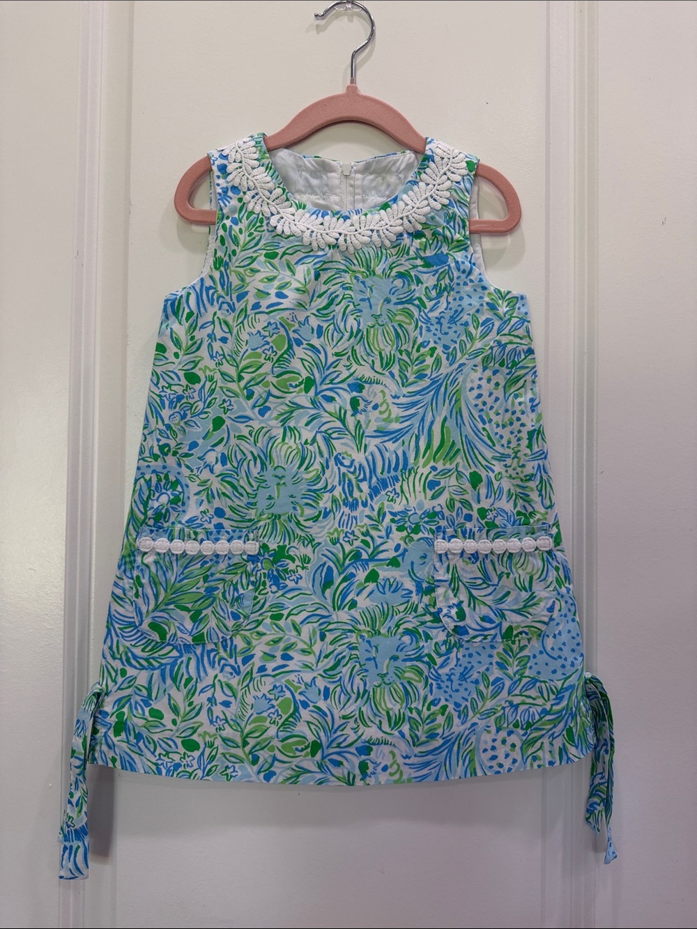 Lilly Pulitzer Girls Blue & Green Floral Shift Dress with White Trim